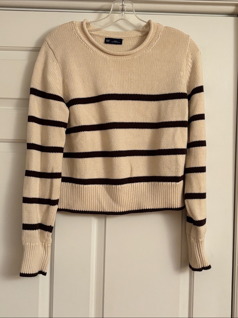 GAP Cream Crewneck Sweater with Dark Brown Stripes
